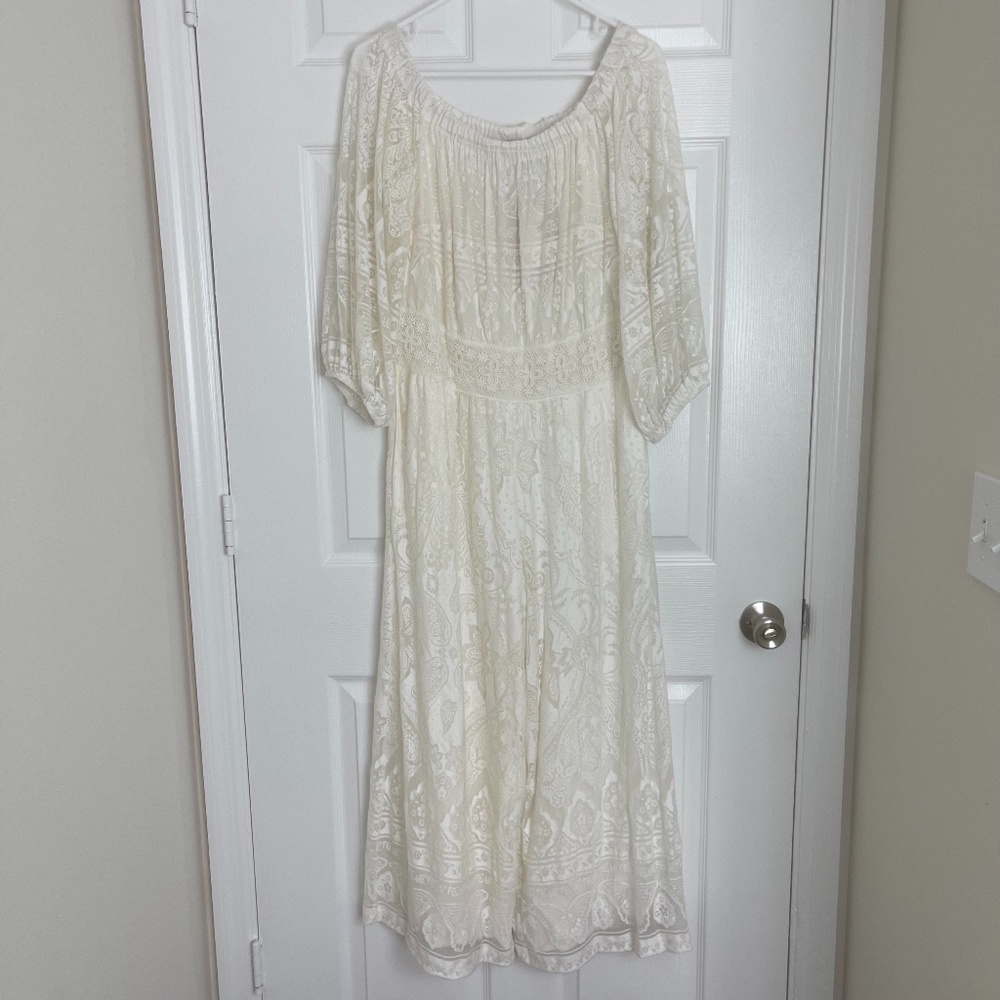 NEW Farm Rio Anthropologie Elliot Off the Shoulder Ivory Jumpsuit Women Size M